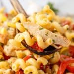Chicken Pasta Primavera on a wooden spoon