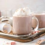 Cup of protein, hot chocolate on a tray