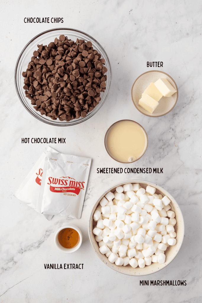 Chocolate chips, butter, sweetened condensed milk, cocoa mix, vanilla extract, marshmallows