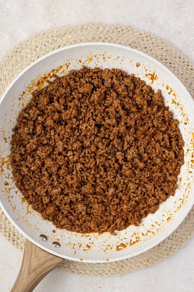 Cooked taco meat in a pan.