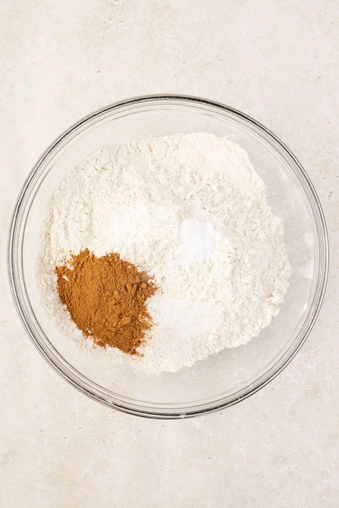 flour, baking soda, salt and pumpkin pie spice in mixing bowl