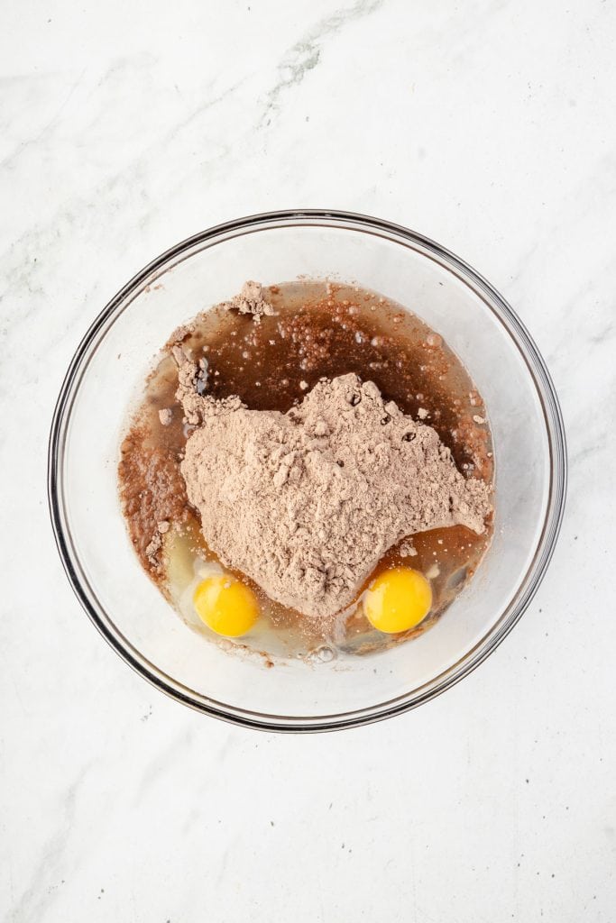 Brownie mix, oil, eggs, and water in a mixing bowl