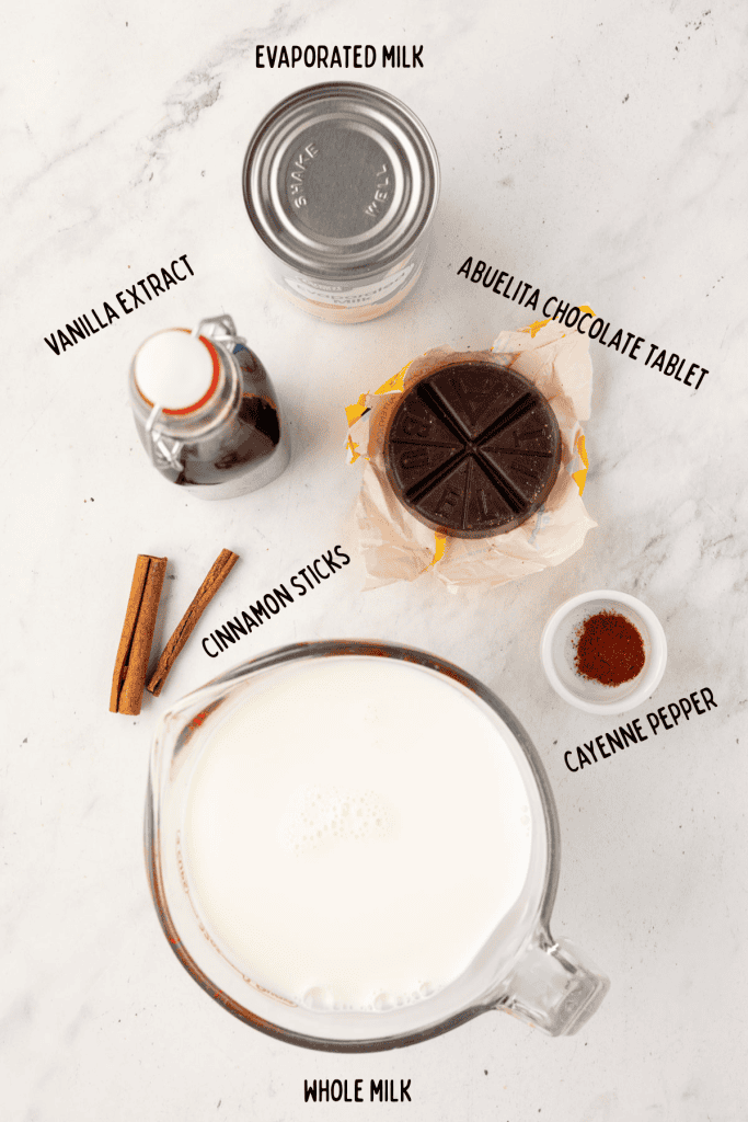 Mexican Hot Chocolate ingredients Whole milk, evaporated milk, cinnamon sticks, abuelita chocolate tablet, vanilla extract, cayenne pepper