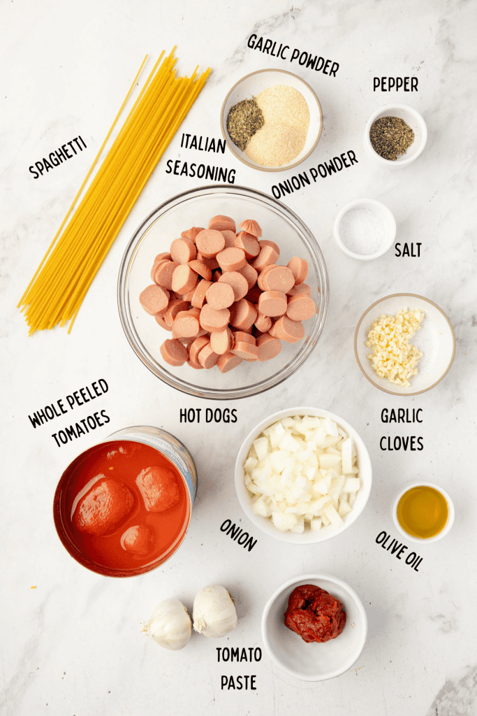Spaghetti and Hot Dogs Ingredients Ingredients for spaghetti and hotdog