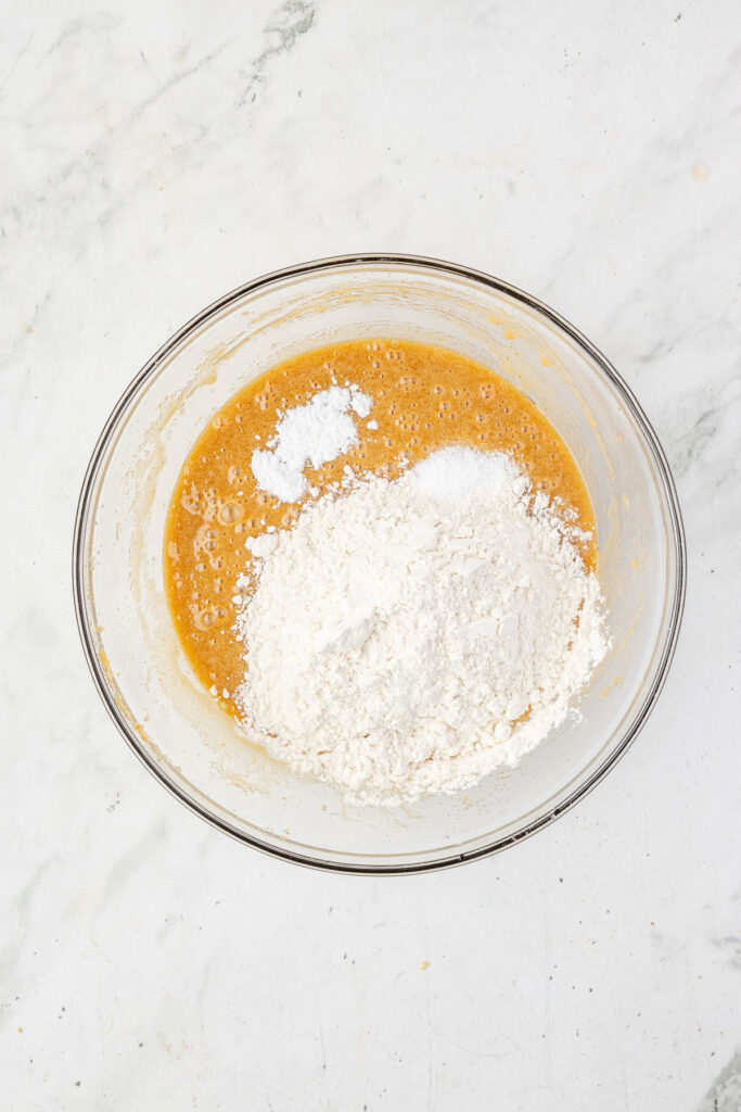 wet mixture and flour mixture in a mixing bowl.