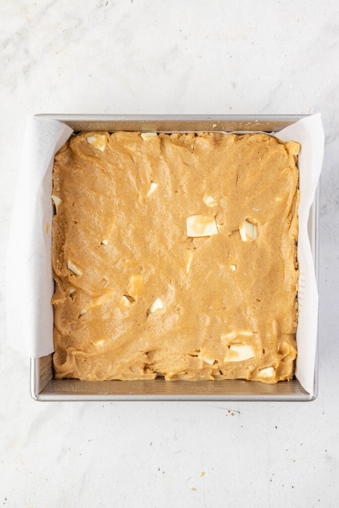 Blondie batter in a pan.