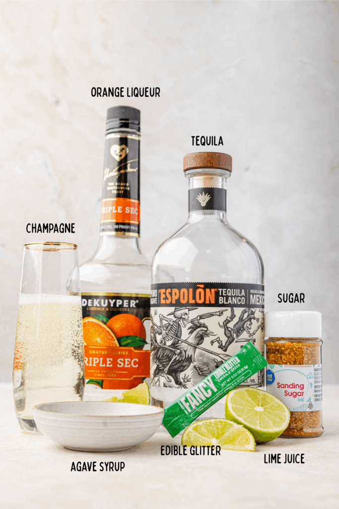 Champagne margarita ingredients All the ingredients lined up to make a champagne margarita