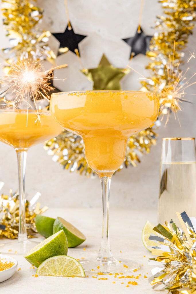 Champagne margarita036 Two glasses of champagne margarita with a fun New Year's