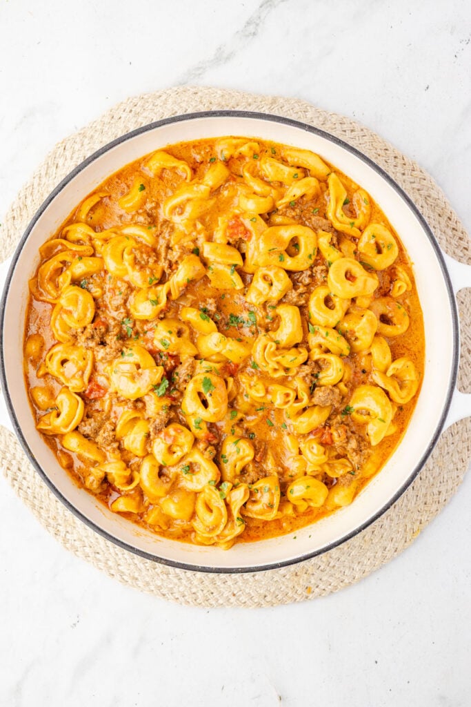 Finished Taco tortellini in a skillet