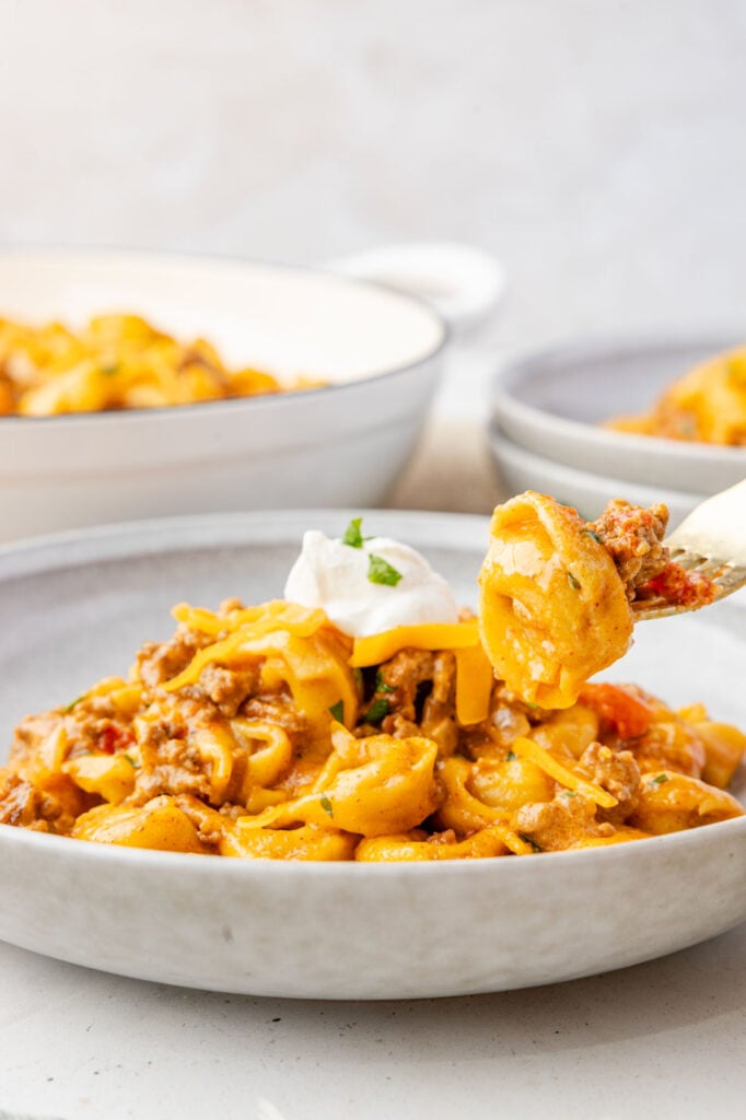 One Pot Taco TortelliniWeb047 Taco tortellini in a gray bowl with a fork holding up a piece of tortellini.