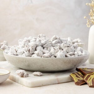 Dubai Chocolate Puppy Chow in a bowl
