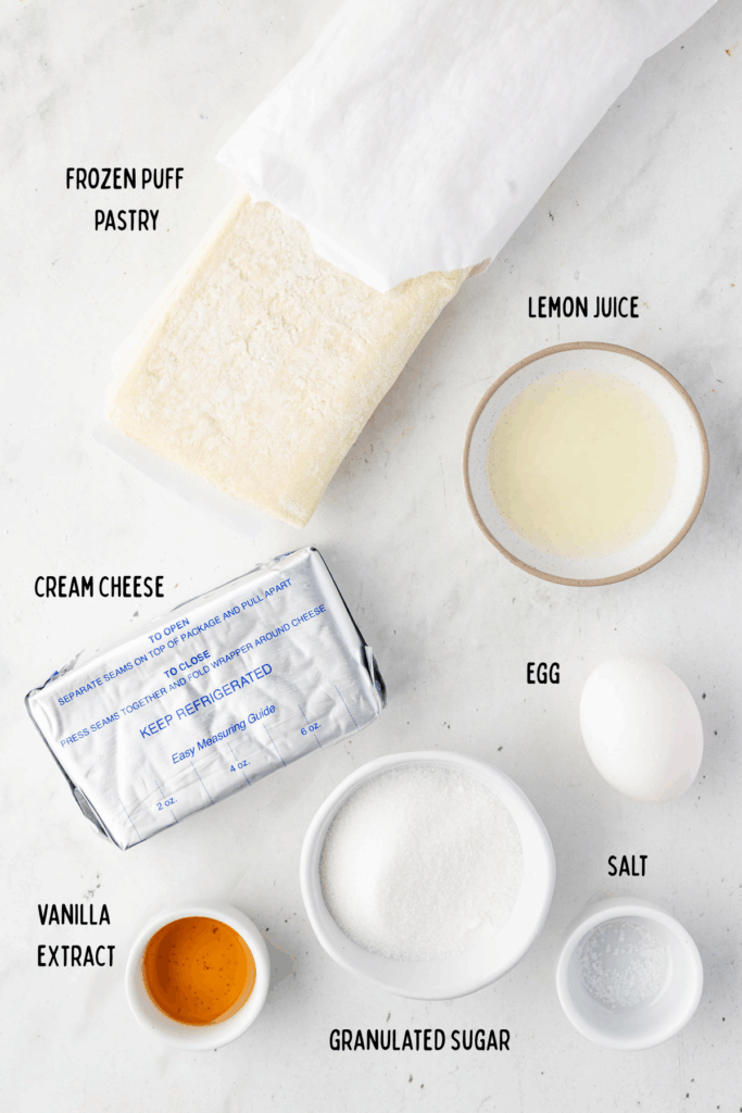 Ingredients for cheese, danish. Puff pastry, lemon juice, egg, salt, sugar, vanilla, cream cheese.