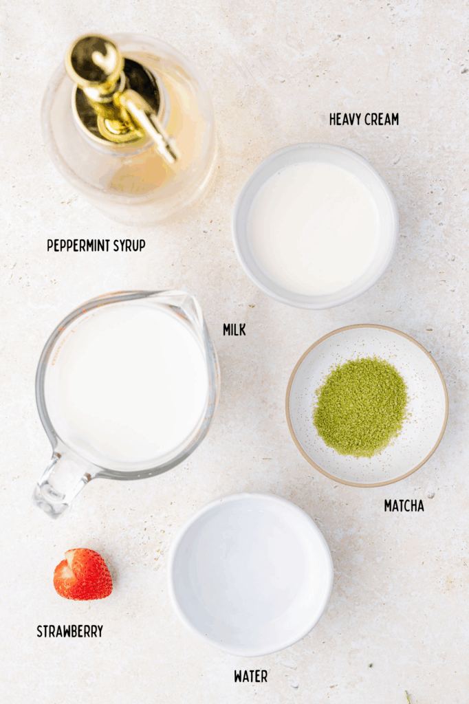 Ingredients for Matcha latte in little bowls on a stone surface