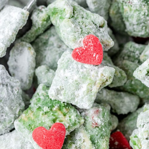 up close image of Grinch Puppy Chow