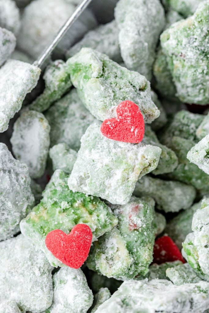 up close image of Grinch Puppy Chow