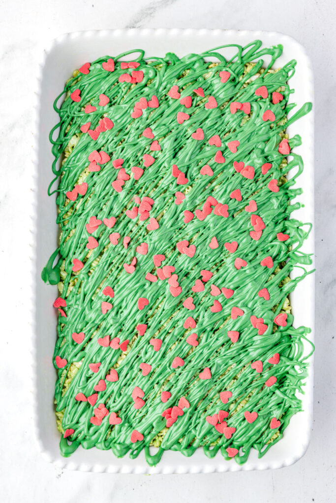 Finished grinch rice, crispy treats in a casserole pan