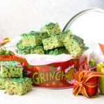 Grinch rice crispy treats in a metal tin