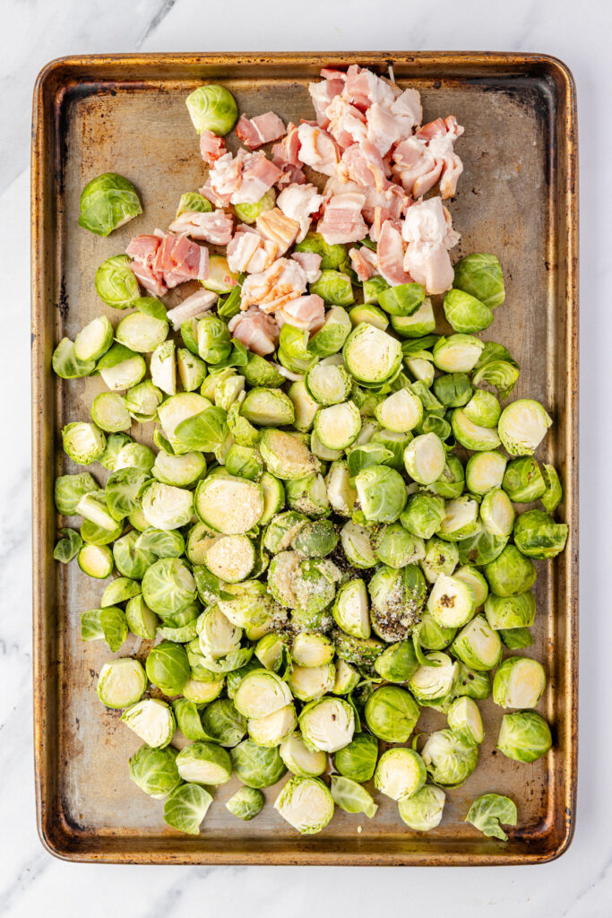 Bacon and brussels sprouts on a sheet pan