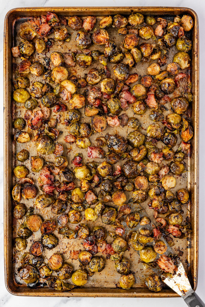 Finished Bacon and Balsamic Brussel Sprouts on a sheet pan