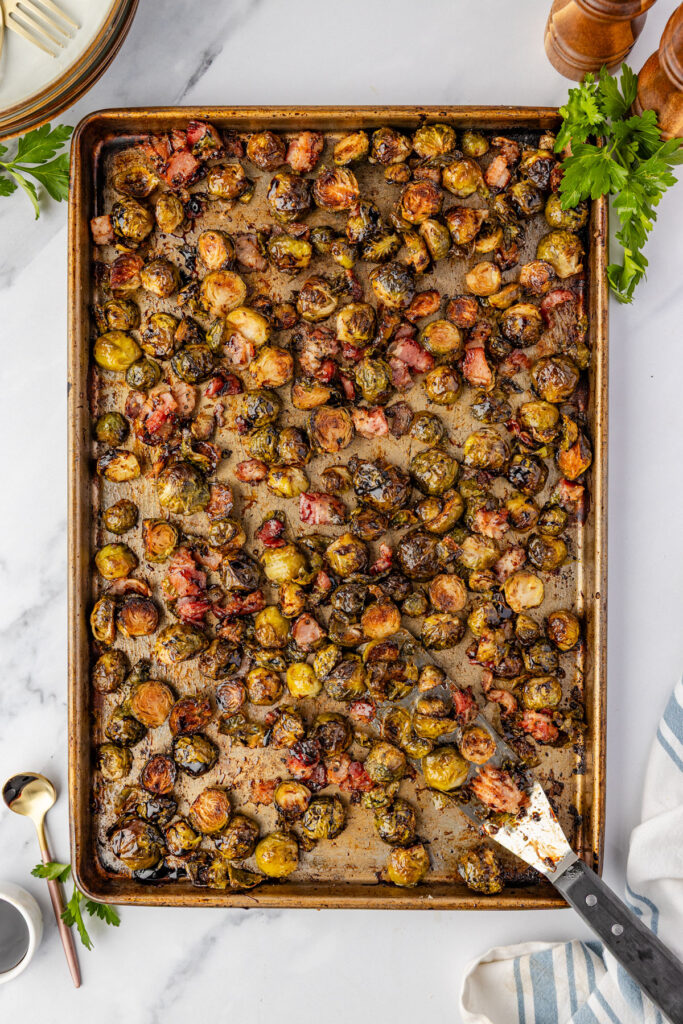 Bacon and Balsamic Brussel Sprouts hooked on a sheet