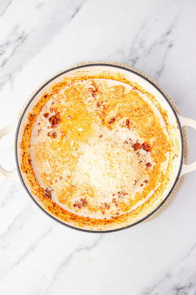Creamy Chorizo sauce in a pan before stirring