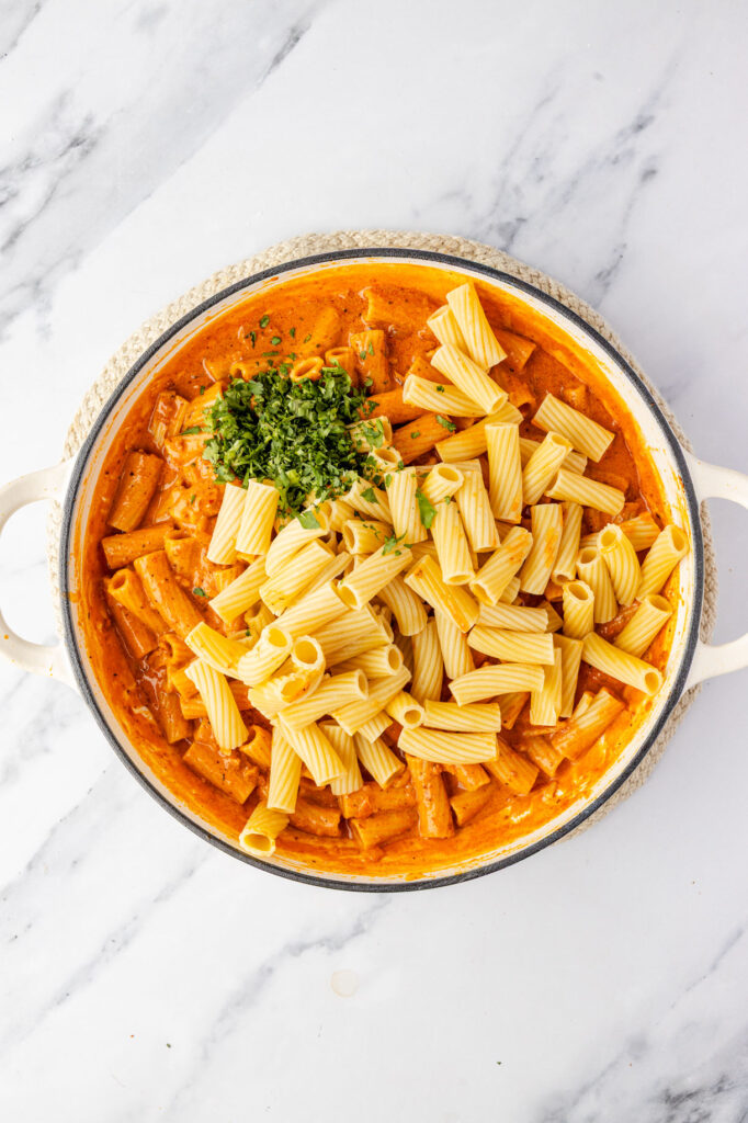 Creamy Chorizo sauce in a pan with pasta
