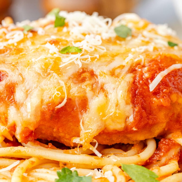 Chicken Parmesan With Chicken Strips on spaghetti close up