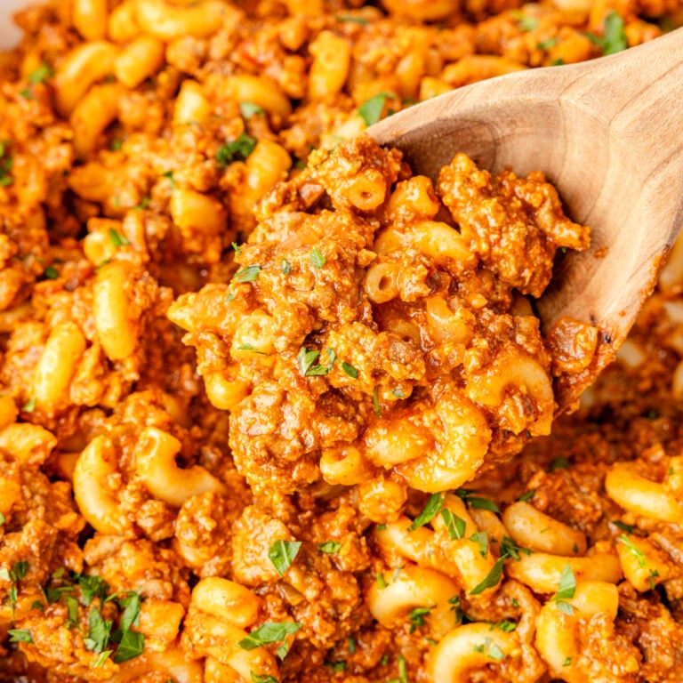 Close up of sloppy Joe pasta on a spoon.