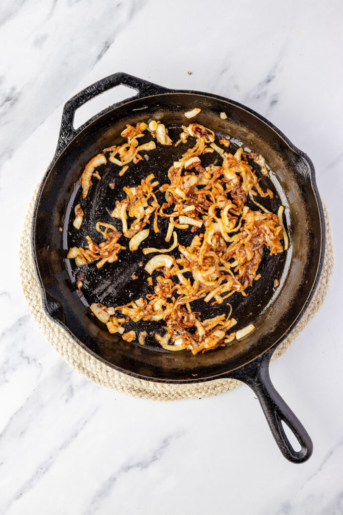 Caramelized onions in a cast-iron pan