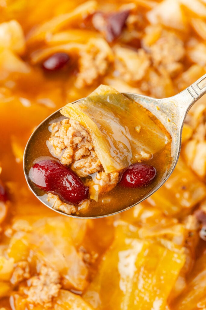 Beef Cabbage Soup on a spoon