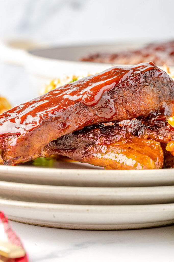 Braised Pork Ribs close up on a plate.