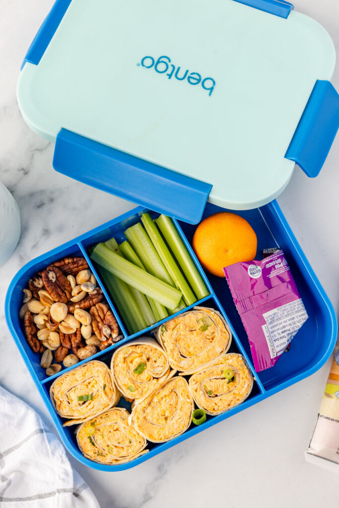 Buffalo Chicken Pinwheels in a lunch box
