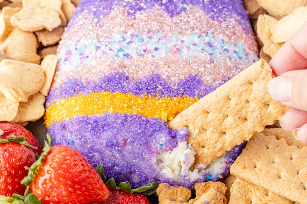 Person scooping the Easter egg cheese ball with a piece of a graham cracker.