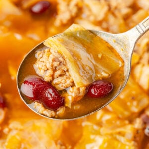 Close-up of cabbage soup on a spoon
