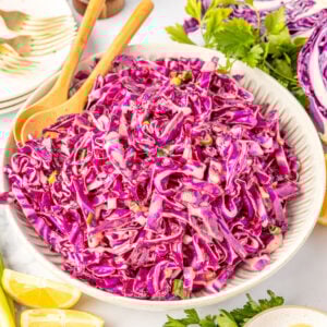 Red Cabbage Slaw in a bowl with spoons topped with green onions