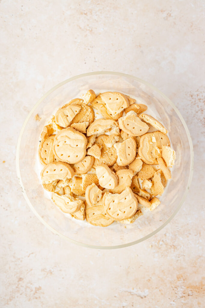 Girl Scout cookies crumbled on top of putting in a trifle dish