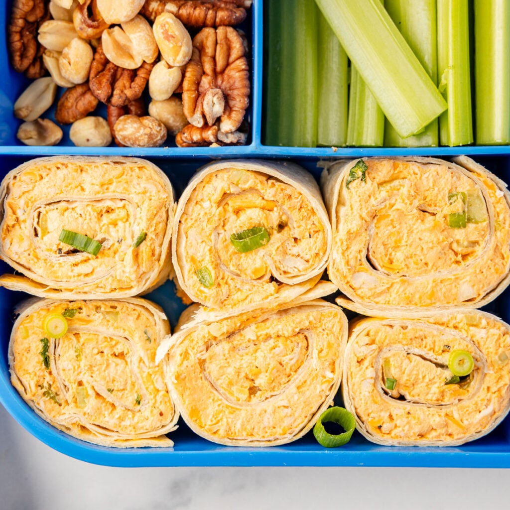 Buffalo Chicken Pinwheels in a lunch box