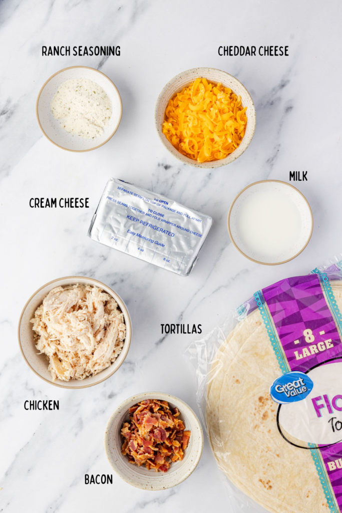 Crack Chicken Pinwheels ingredients in individual bowls
