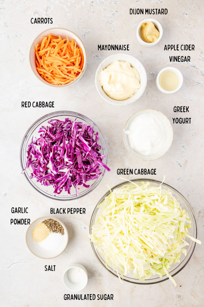 Ingredients for Creamy Greek Yogurt Coleslaw an individual bowls
