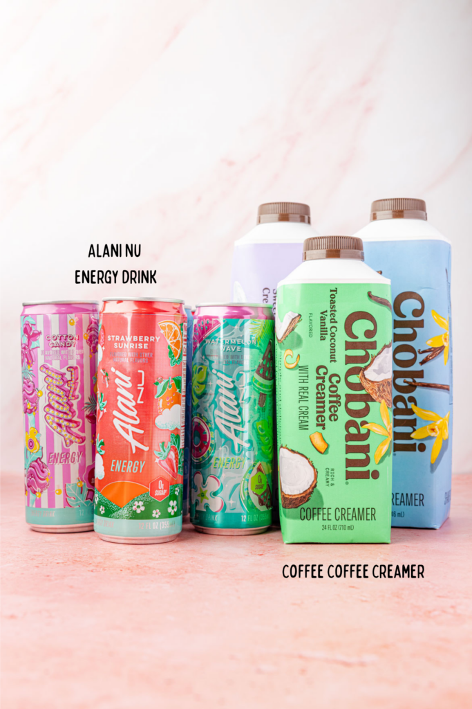 Cans of Chobani and Alani energy drinks