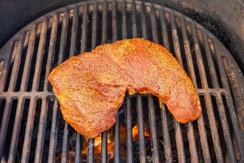 Freshly placed tri-tip on the grill