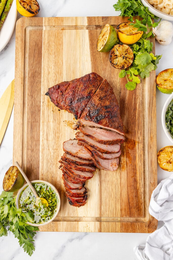 Grilled Tri Tip sliced on a cutting board