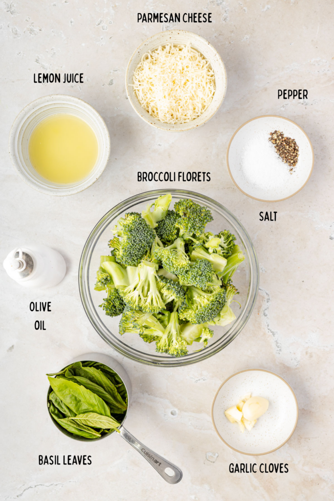 Ingredients to make broccoli pesto in individual bowls