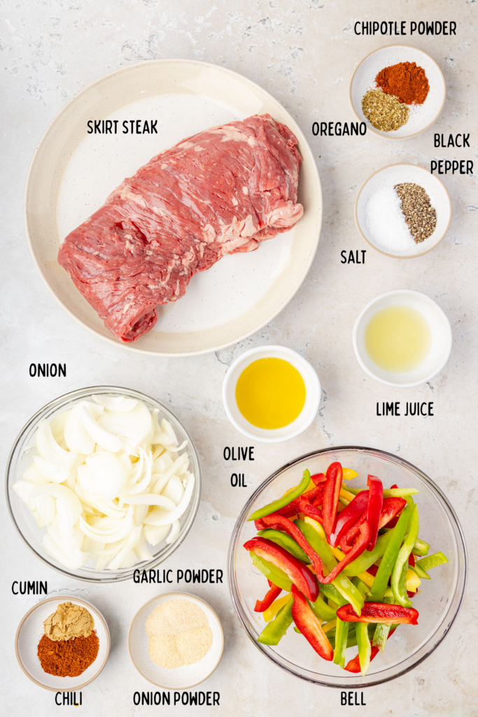 Ingredients for sheet steak fajitas, and individual bowls