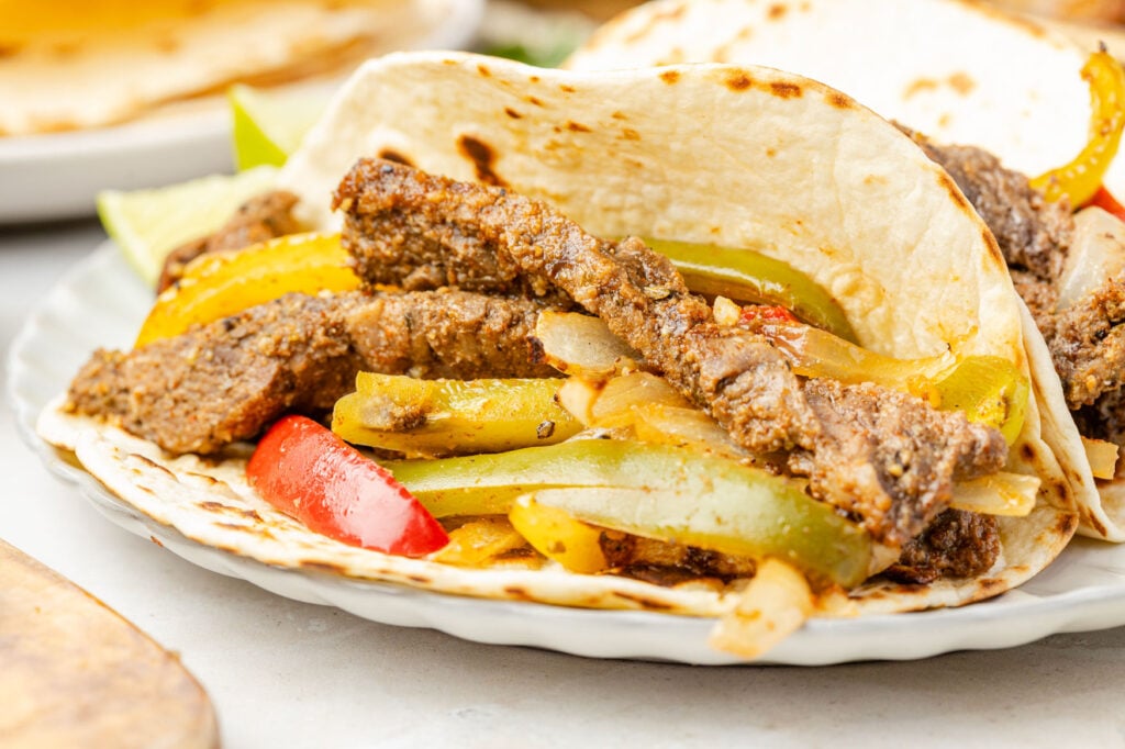 Close-up of a prepared steak fajita on a plate