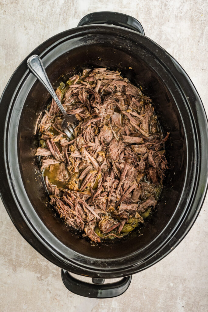 shredded Slow Cooker Italian Beef in a crock pot