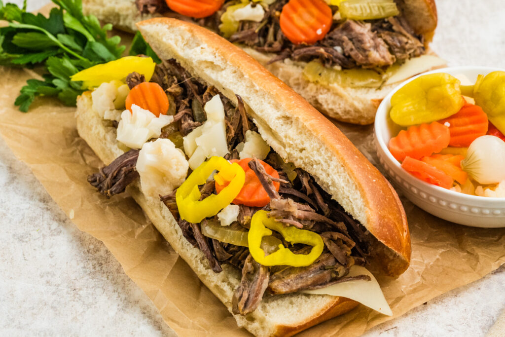 close up of Slow Cooker Italian Beef Sandwich