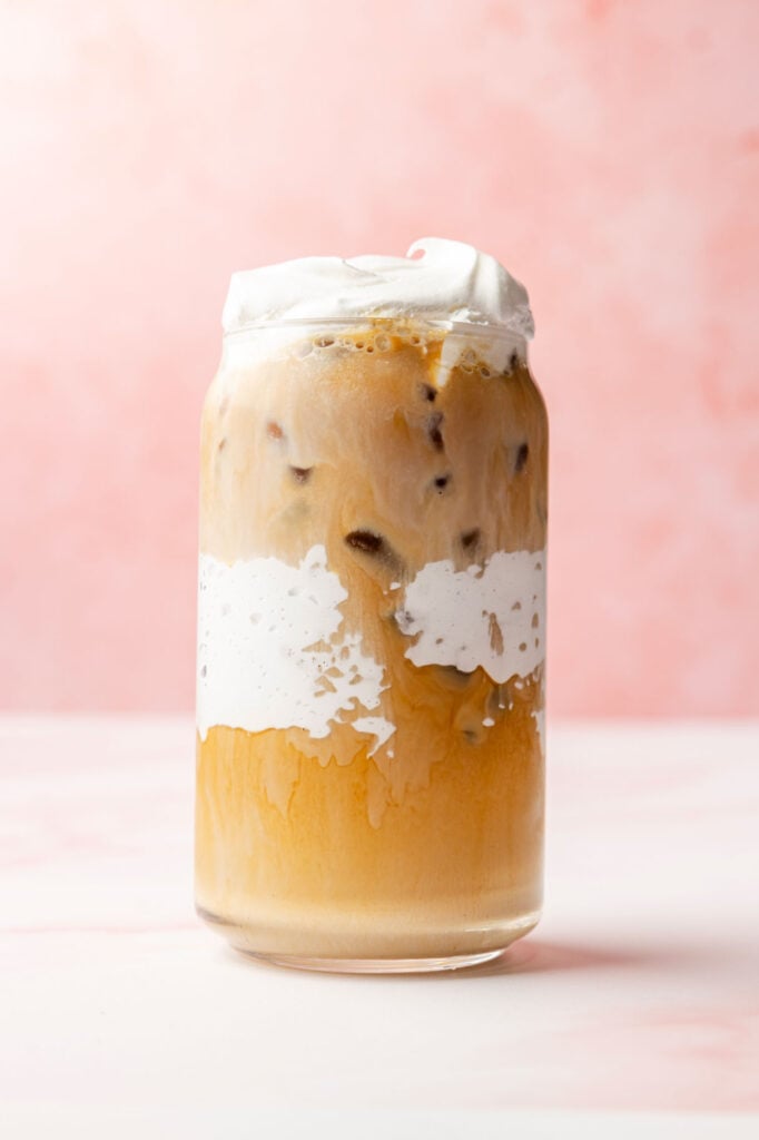 Finished Toasted Marshmallow Iced Latte in a glass