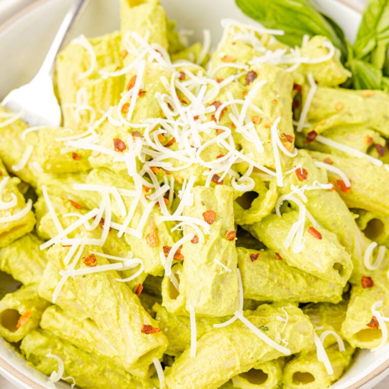 Broccoli pesto over pasta in a bowl