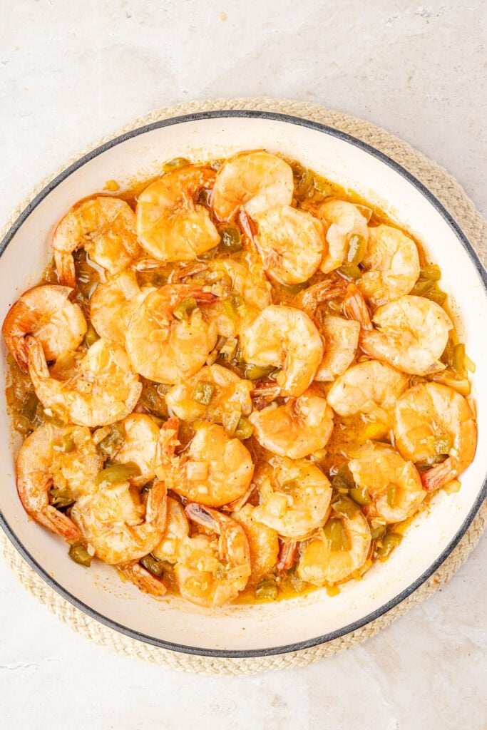Finished barbecue shrimp in a pan